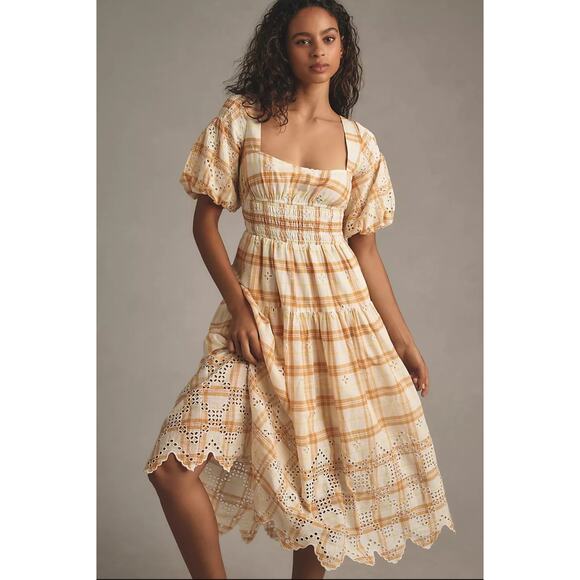 NWT By Anthropologie Puff-Sleeve Eyelet Midi Dress $188 X-SMALL Yellow - Picture 1 of 5